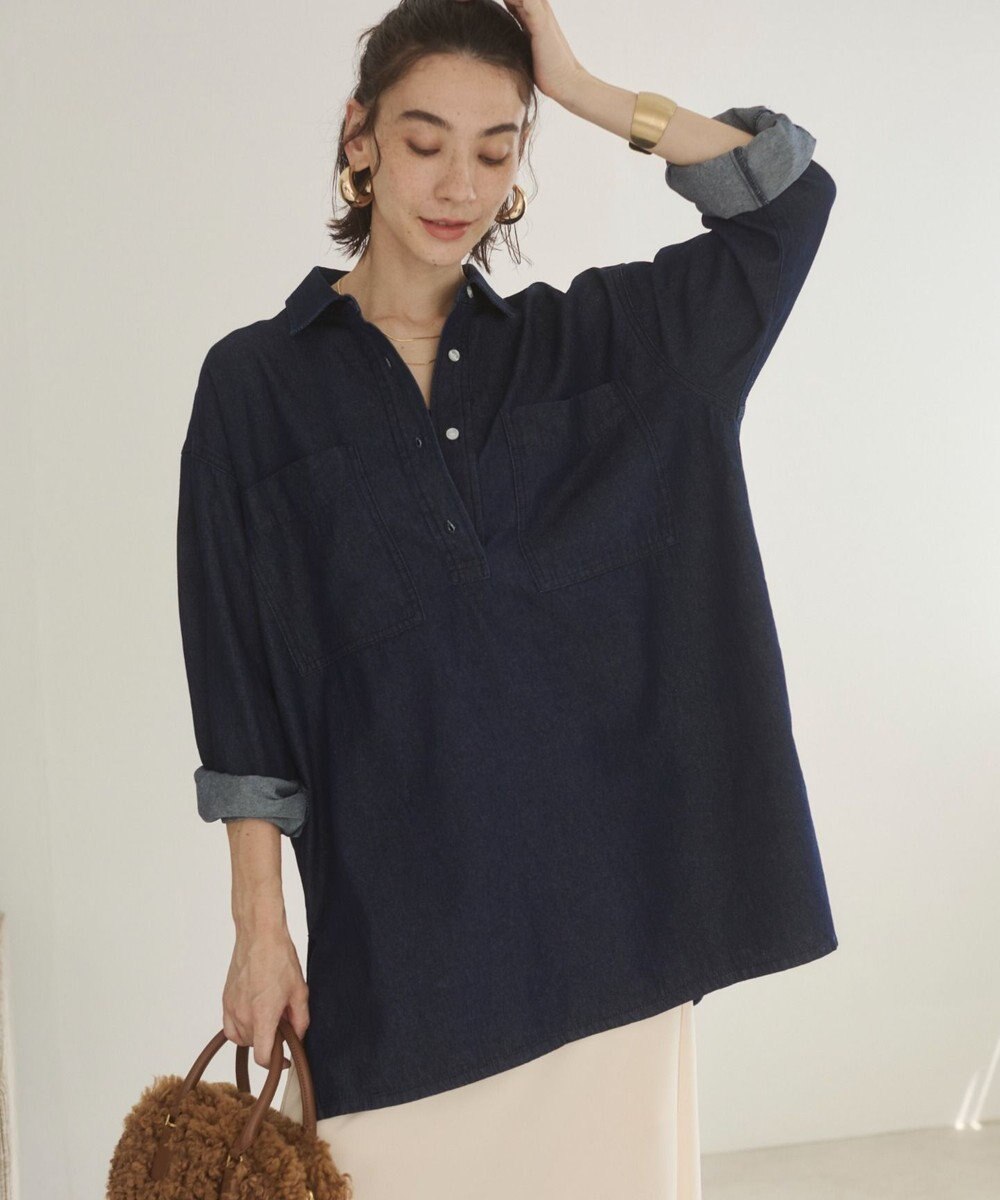 WEGO 【ANGIE VINTAGE】襟が選べる デニム チュニック シャツ （バンドカラー/レギュラーカラー） 