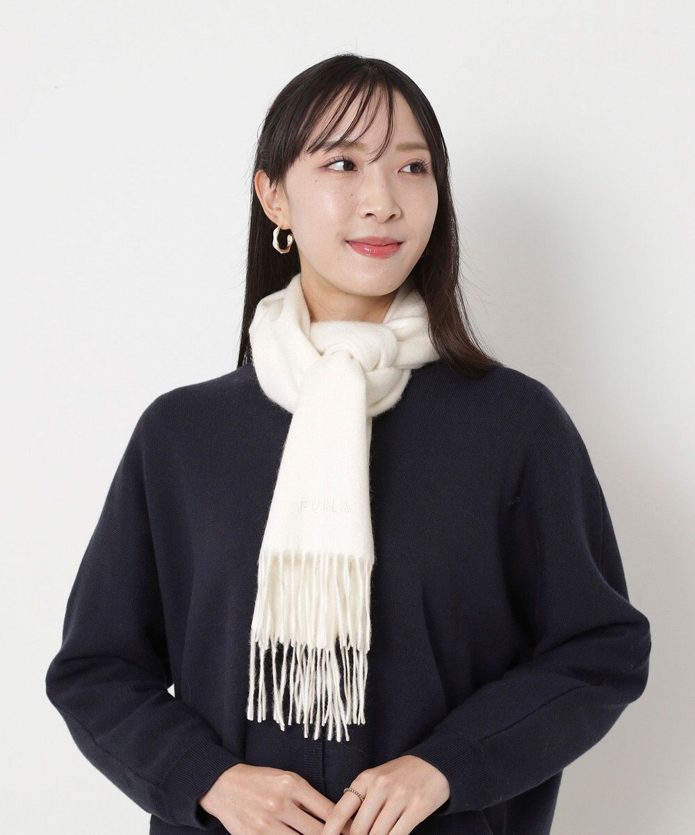 MOONBAT FURLA(フルラ）カシミヤ100％ 無地 マフラー ロゴ刺繍 手洗いOK 