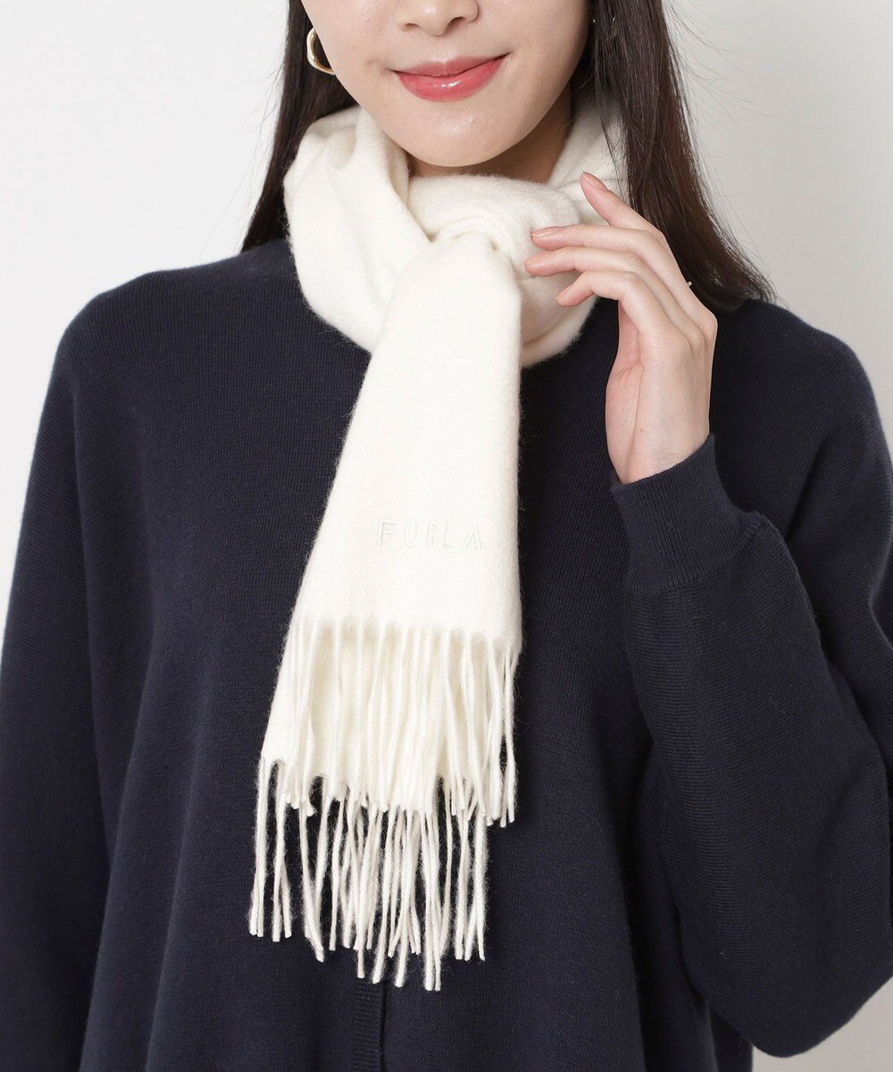 MOONBAT FURLA(フルラ）カシミヤ100％ 無地 マフラー ロゴ刺繍 手洗いOK 