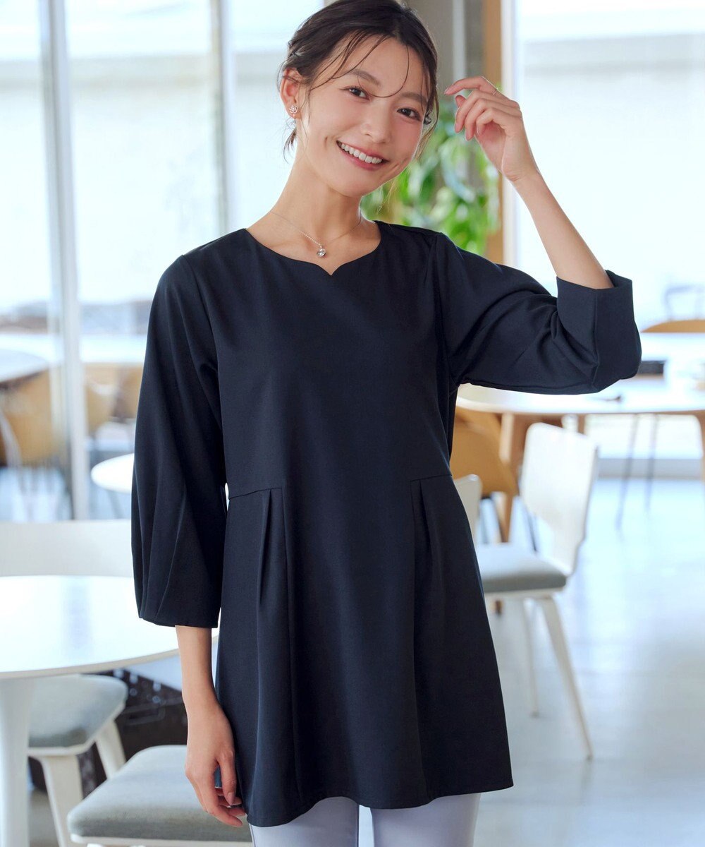 Tiaclasse リボン付きタックフレアチュニック 