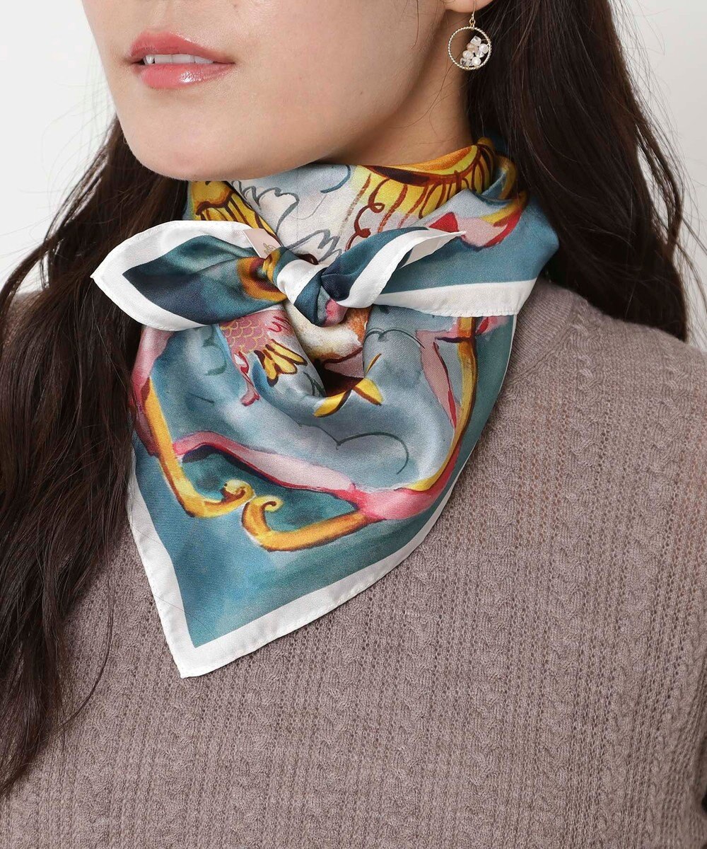 MOONBAT PAUL&JOE ACCESSOIRES(ポール & ジョー) シルクスカーフ 空 オーステルリッツ記念柱 ネコと毛糸 気球 65cm×65cm 手洗いOK 