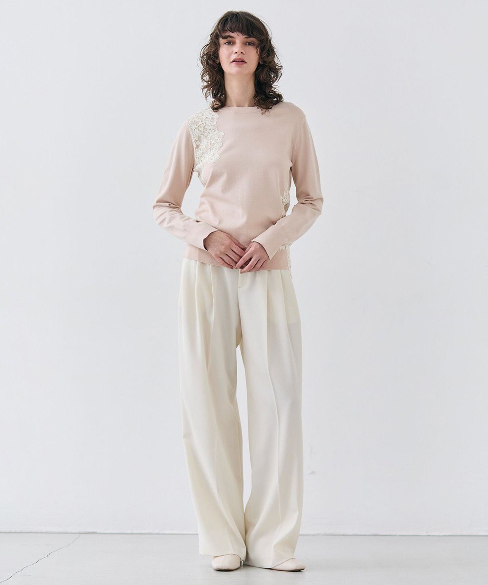 BEIGE， 【ご好評により新色追加！洗える】WILLOW / アシンメトリーレースクルーネックニット 