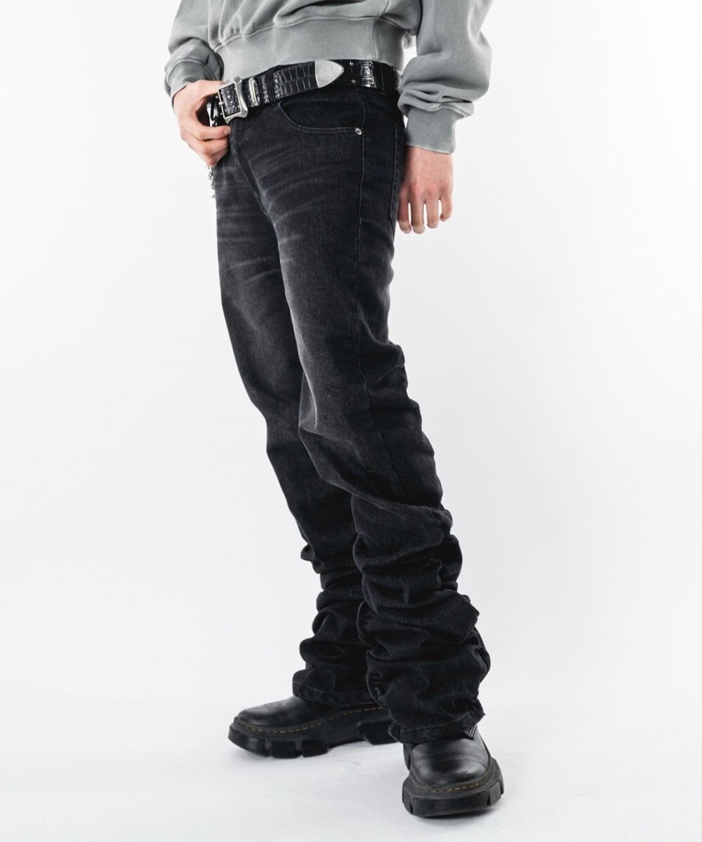 WEGO 【ユニセックス着用ITEM】シャーリングフレアデニムスキニーパンツ 