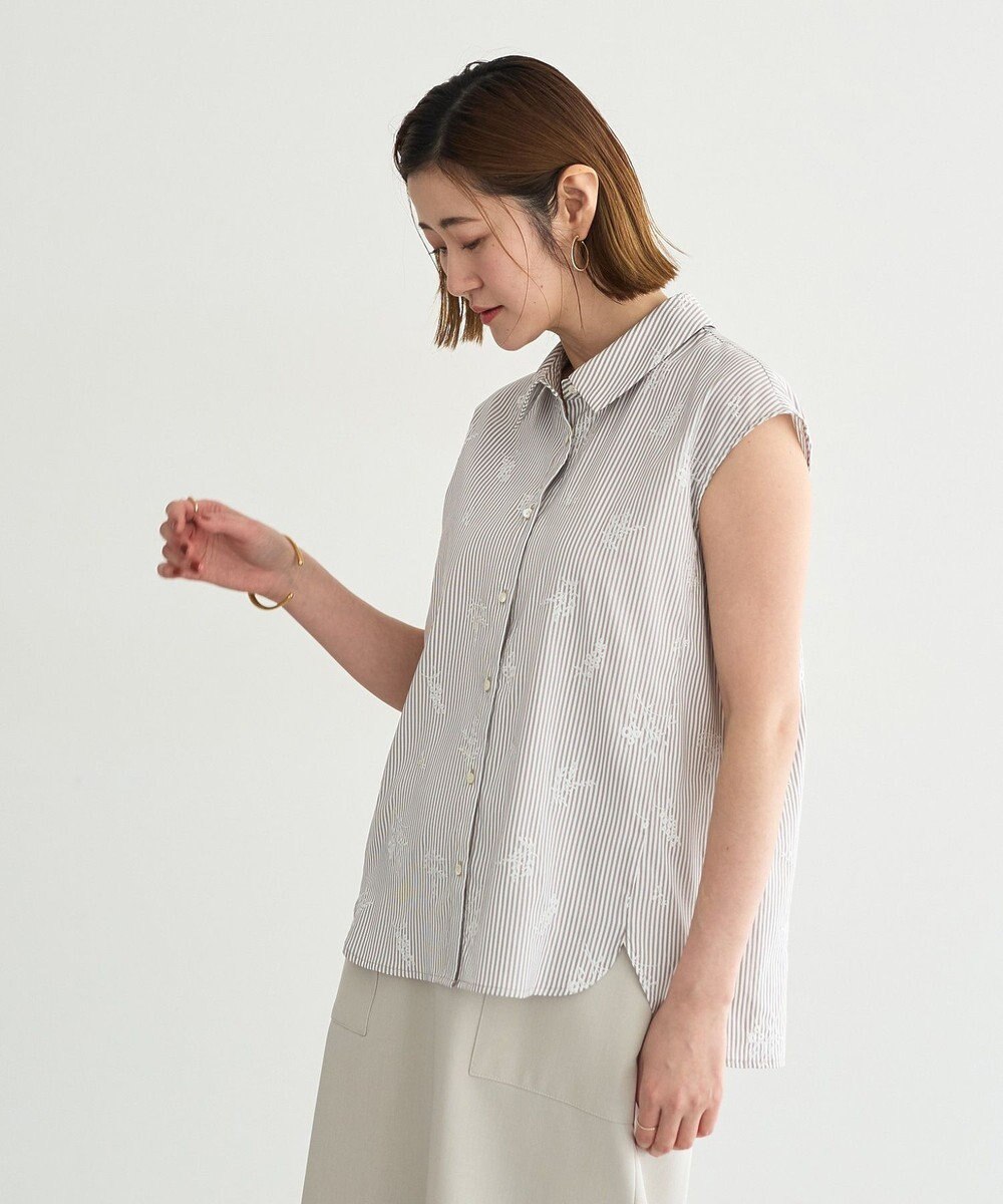 YECCA VECCA ストライプ柄フラワー刺繍シャツ 