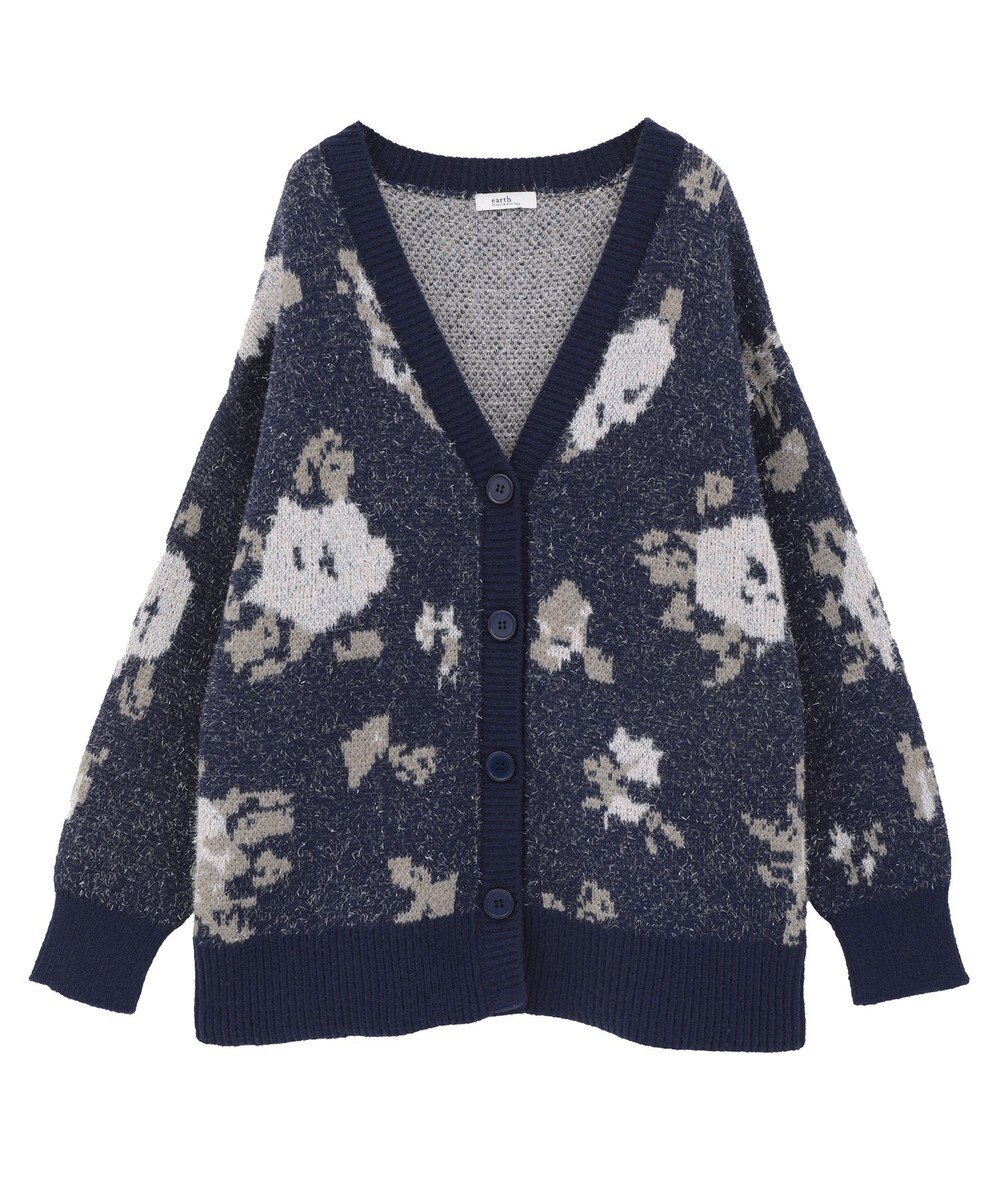 earth music&ecology フラワージャガードラメシャギーカーディガン 
