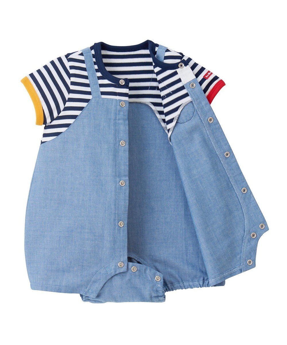 MIKI HOUSE HOT BISCUITS 【70-80cm】 ボーダー オーバーオール風 ショートオール 