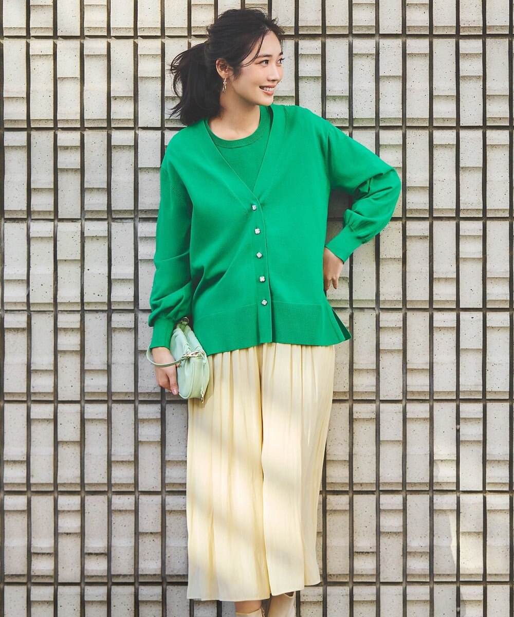 組曲 【ビジューボタン・アンサンブル対応】ハイゲージ ロングVネックカーディガン 