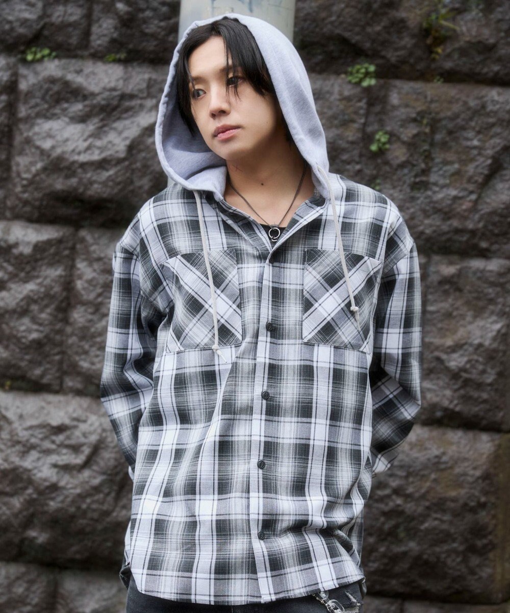 WEGO 【ユニセックス着用ITEM/MLサイズ展開】オンブレチェックフードシャツ（LS） 