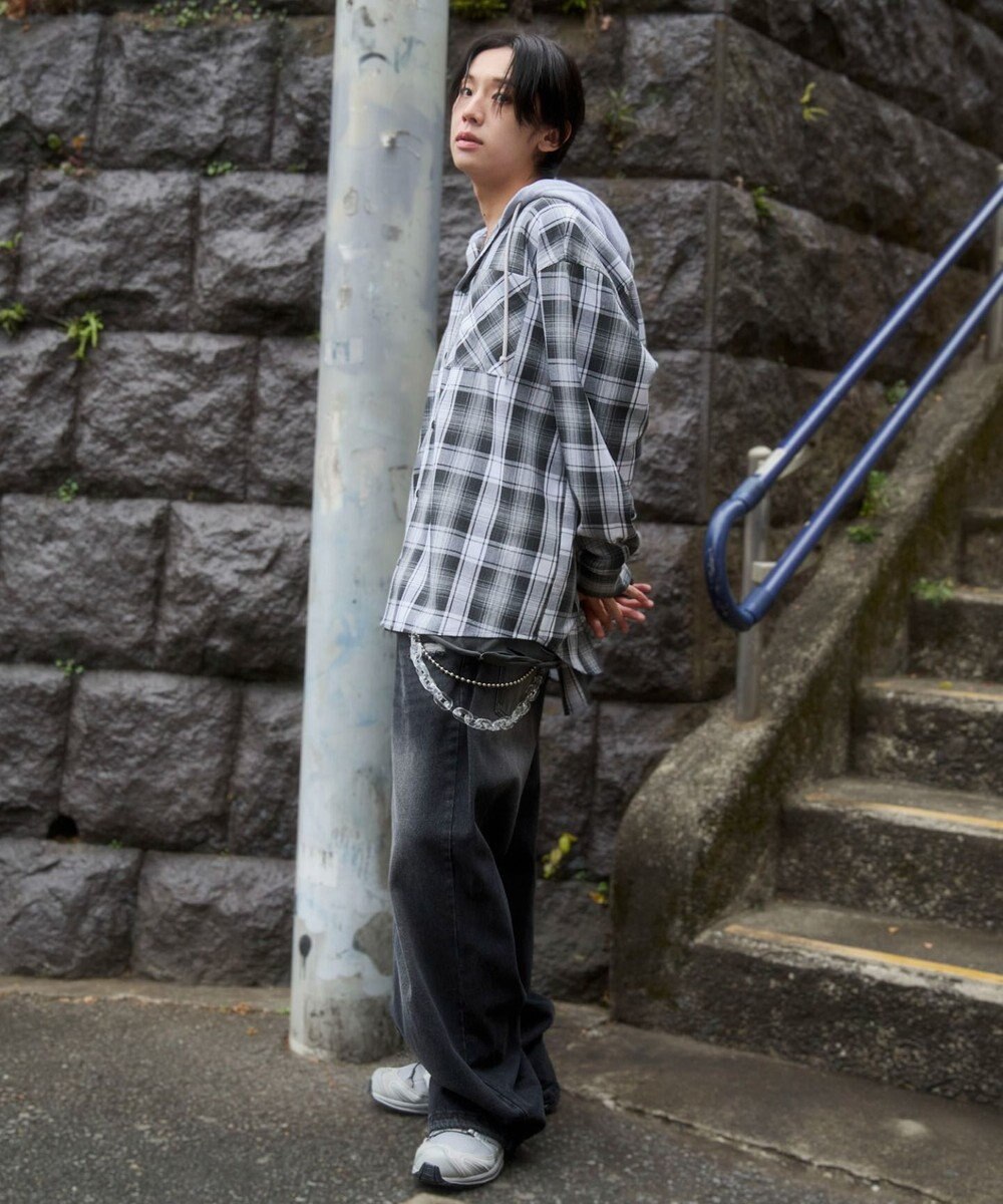 WEGO 【ユニセックス着用ITEM/MLサイズ展開】オンブレチェックフードシャツ（LS） 