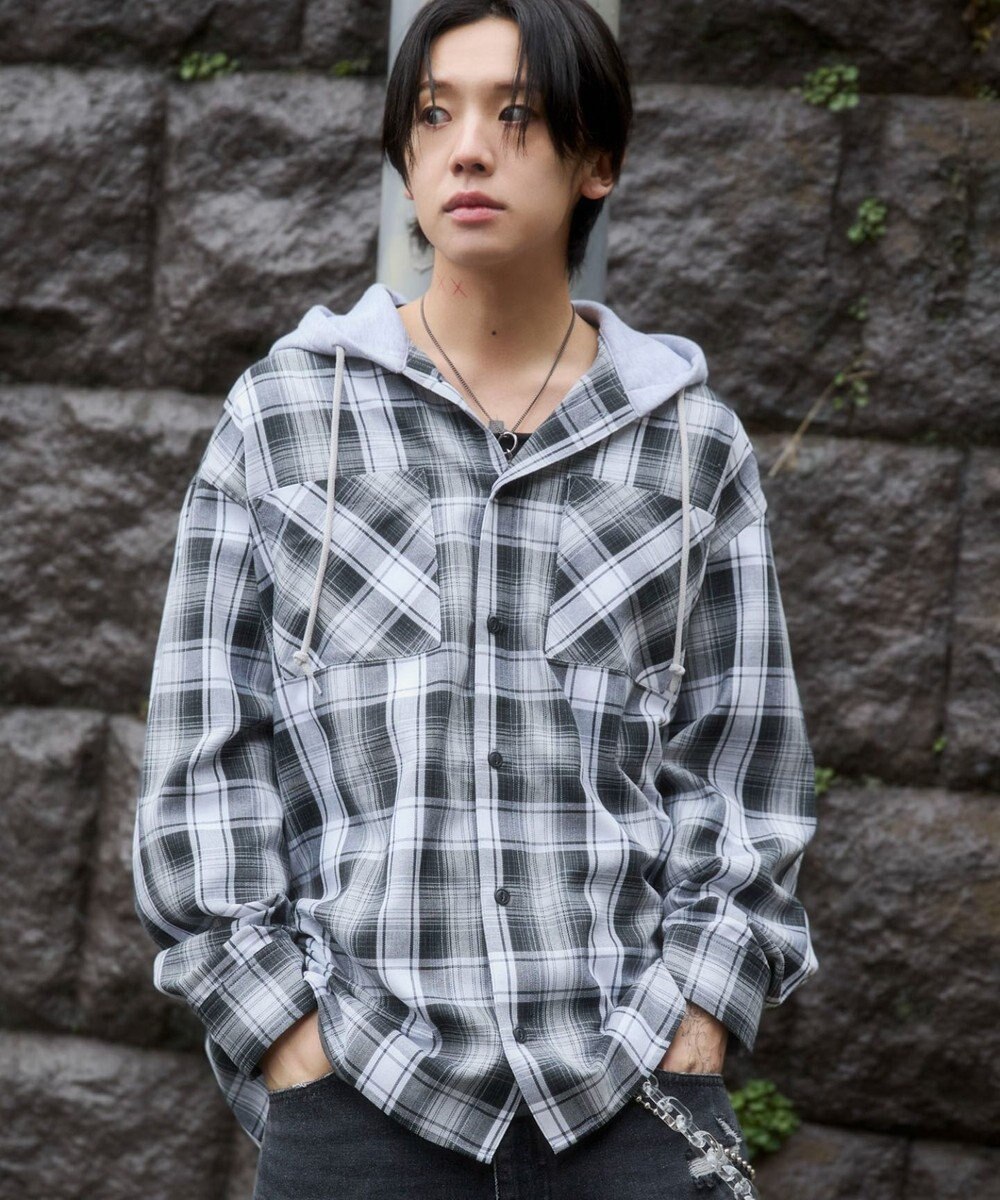 WEGO 【ユニセックス着用ITEM/MLサイズ展開】オンブレチェックフードシャツ（LS） 