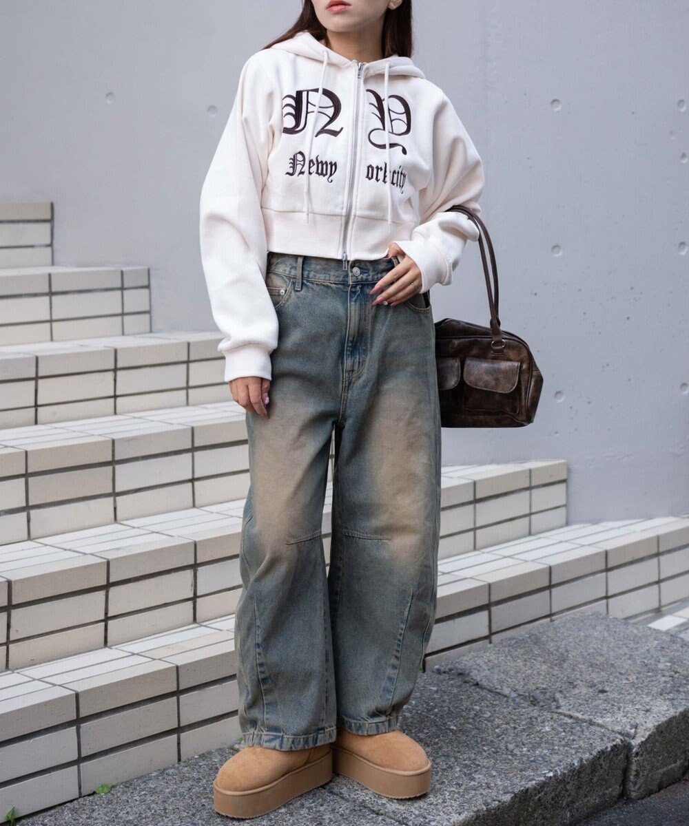 WEGO グラフィック裏起毛ショートZIPパーカー 