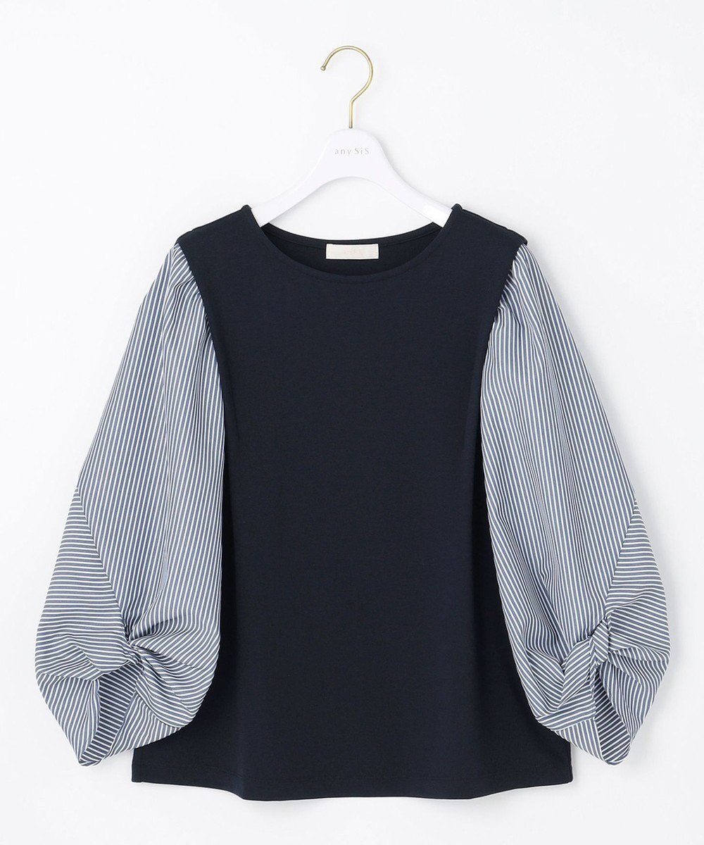 ANY SIS 【洗える】異素材コンビネジリパフ袖 プルオーバー 
