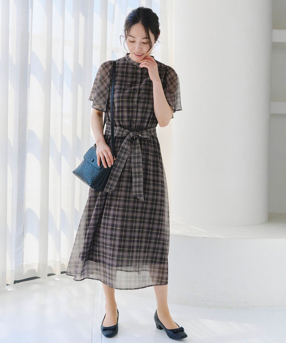 Tiaclasse L 【新色追加・洗える】チェック柄フレア袖シアーワンピース 