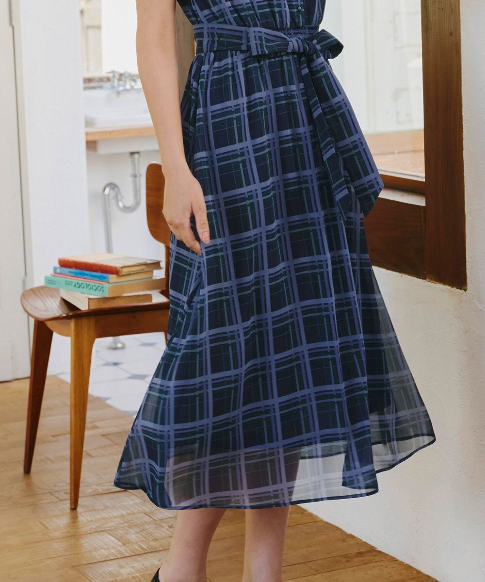 Tiaclasse 【新色追加・洗える】チェック柄フレア袖シアーワンピース 