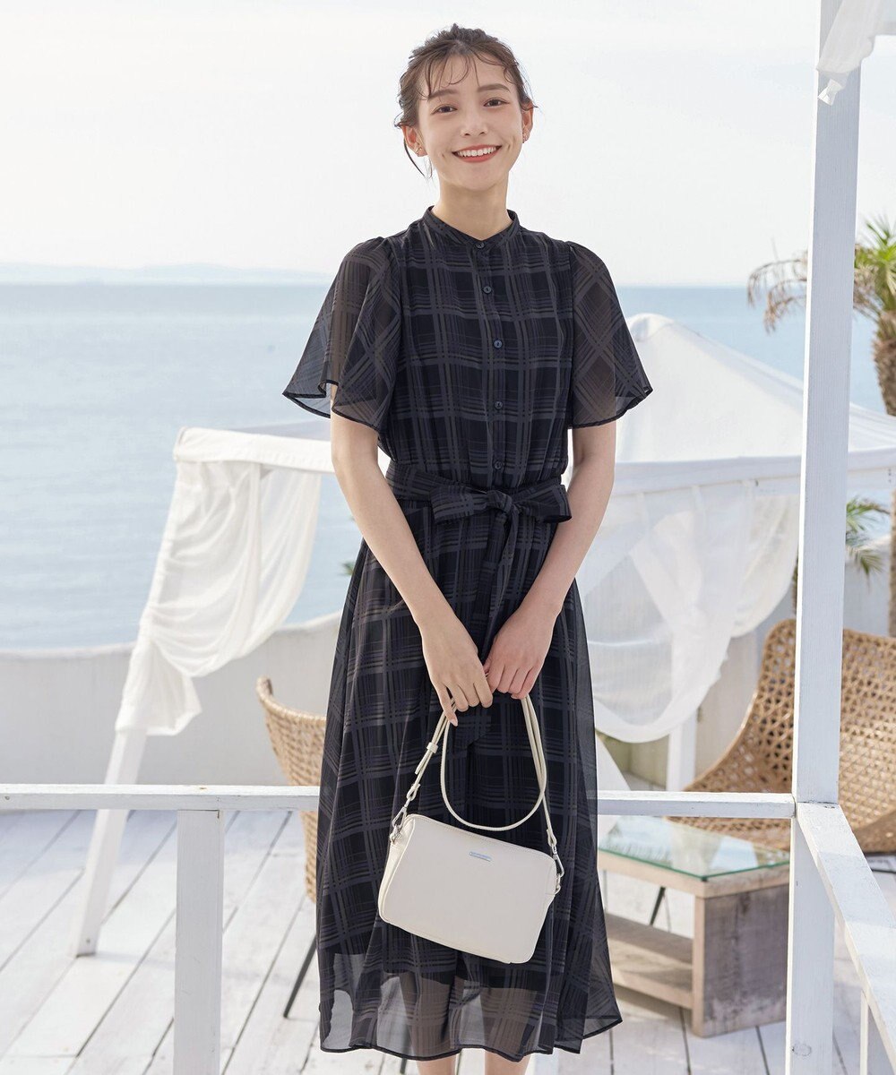 Tiaclasse 【新色追加・洗える】チェック柄フレア袖シアーワンピース 