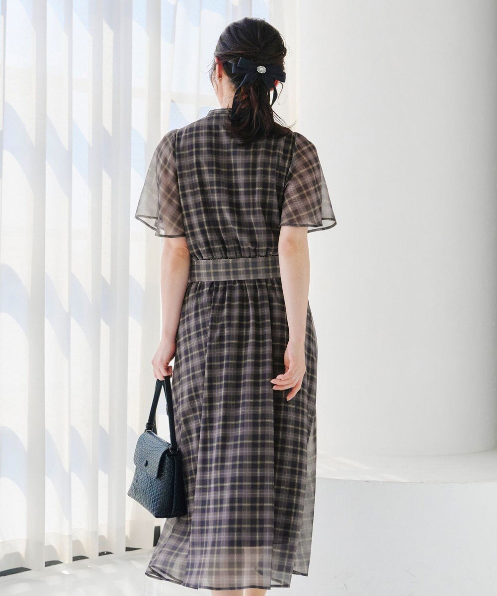 Tiaclasse 【新色追加・洗える】チェック柄フレア袖シアーワンピース 