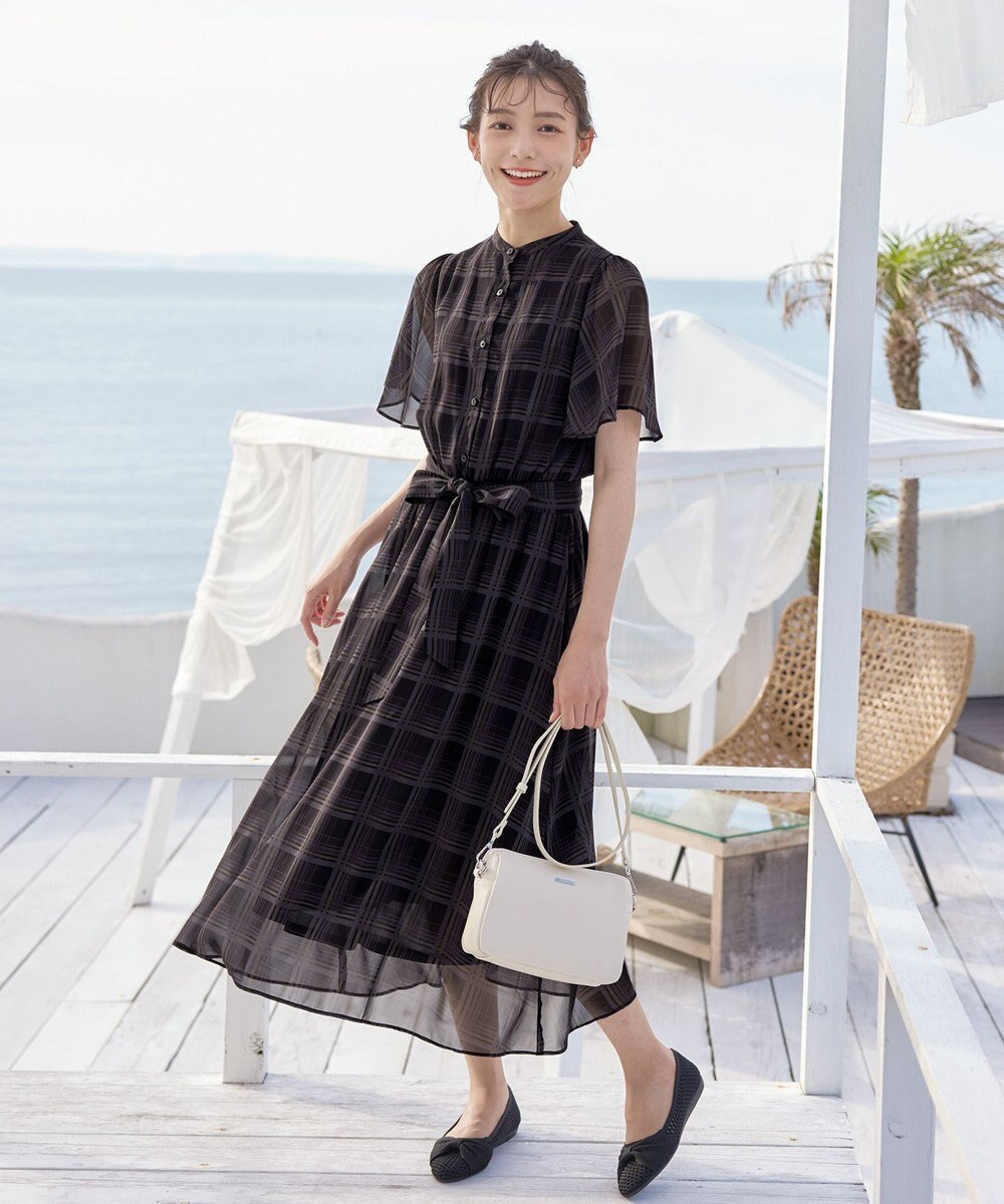 Tiaclasse L 【新色追加・洗える】チェック柄フレア袖シアーワンピース 