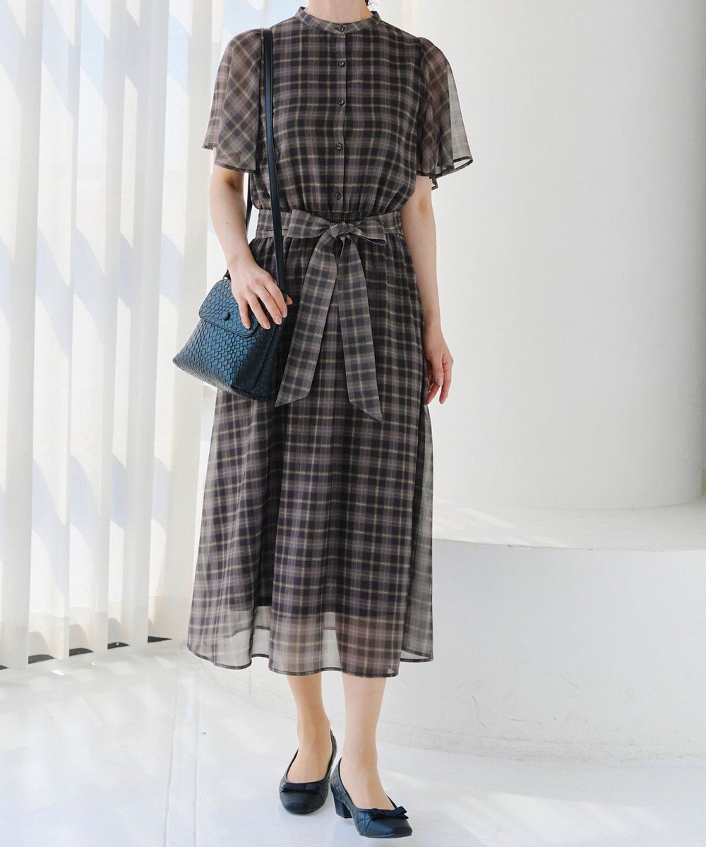 Tiaclasse L 【新色追加・洗える】チェック柄フレア袖シアーワンピース 