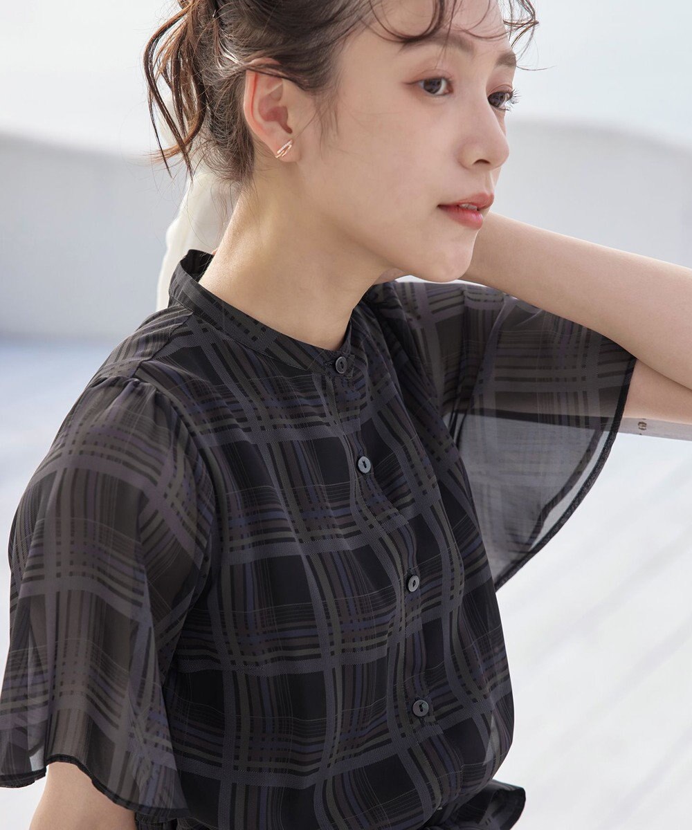 Tiaclasse L 【新色追加・洗える】チェック柄フレア袖シアーワンピース 