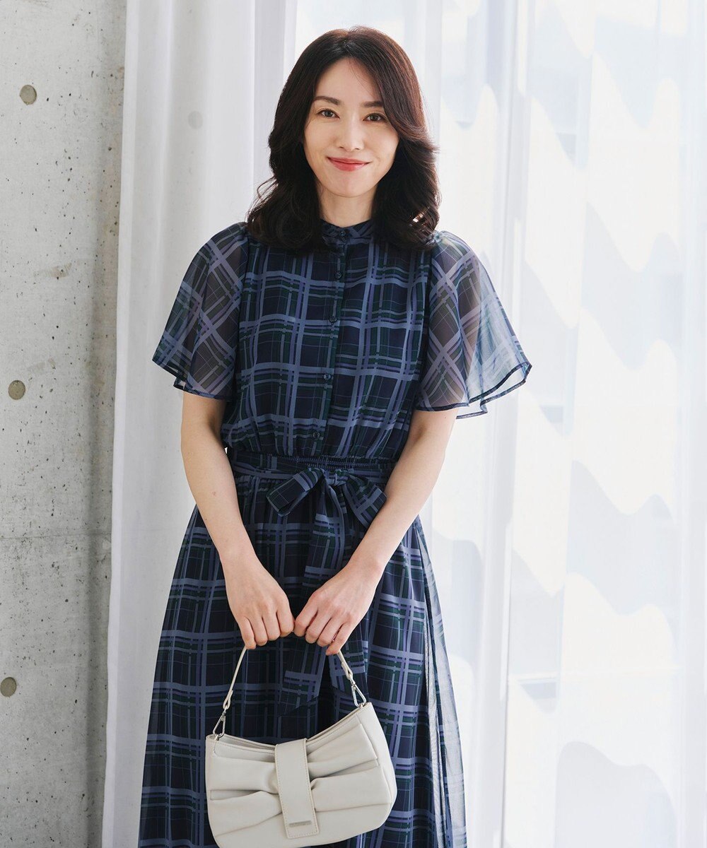 Tiaclasse L 【新色追加・洗える】チェック柄フレア袖シアーワンピース 