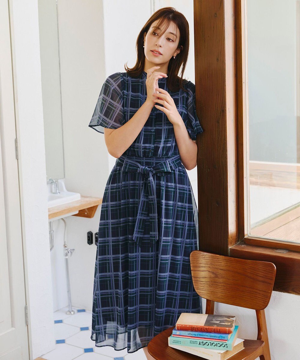 Tiaclasse L 【新色追加・洗える】チェック柄フレア袖シアーワンピース 