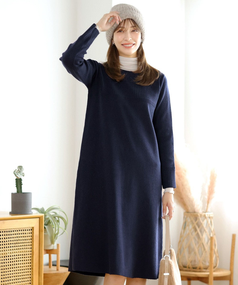 Tiaclasse L 【洗える】リブ切替デザインニットワンピース 