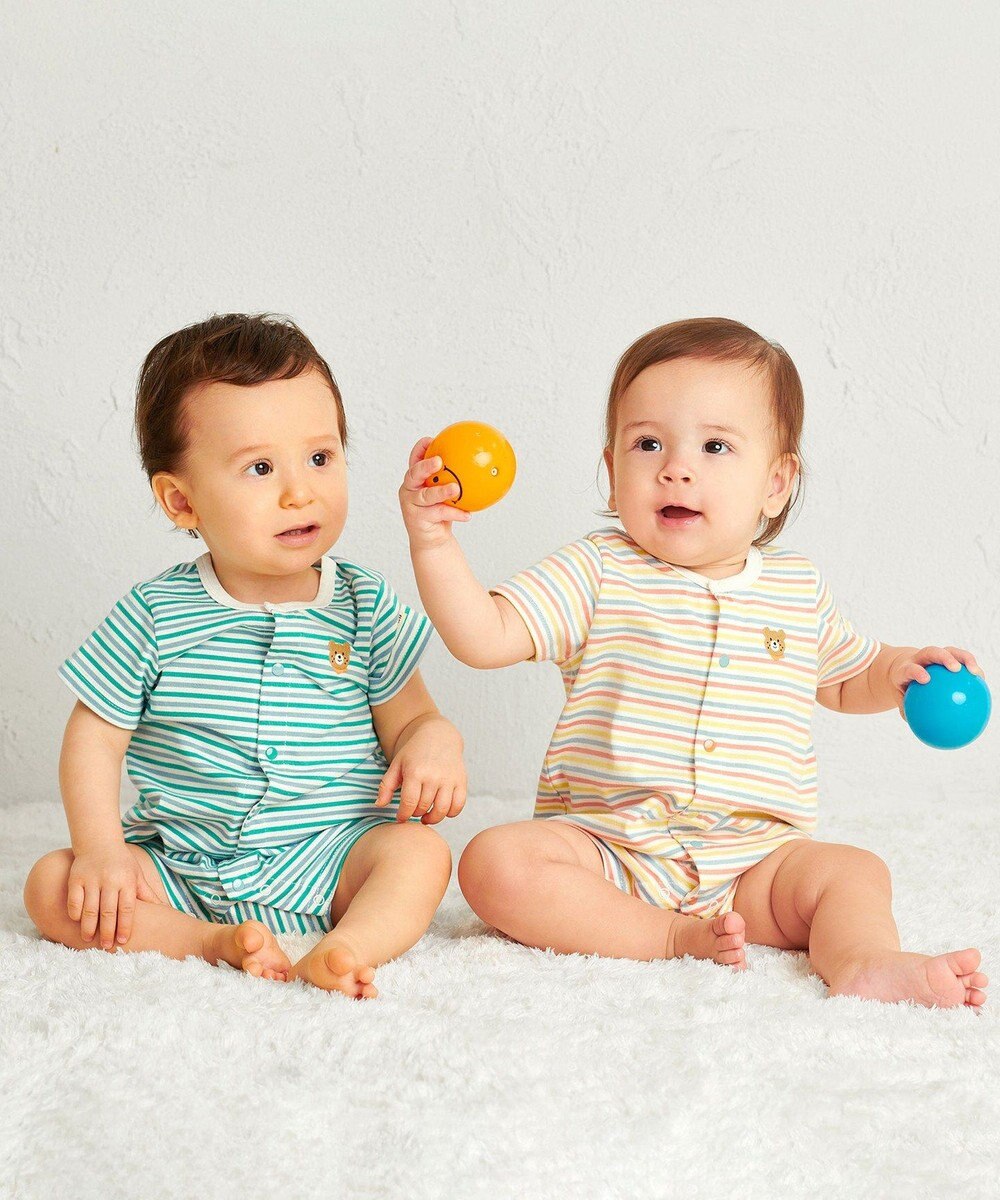 MIKI HOUSE HOT BISCUITS 【70-80cm】 みじんボーダー ワンポイント刺繍 ショートオール 