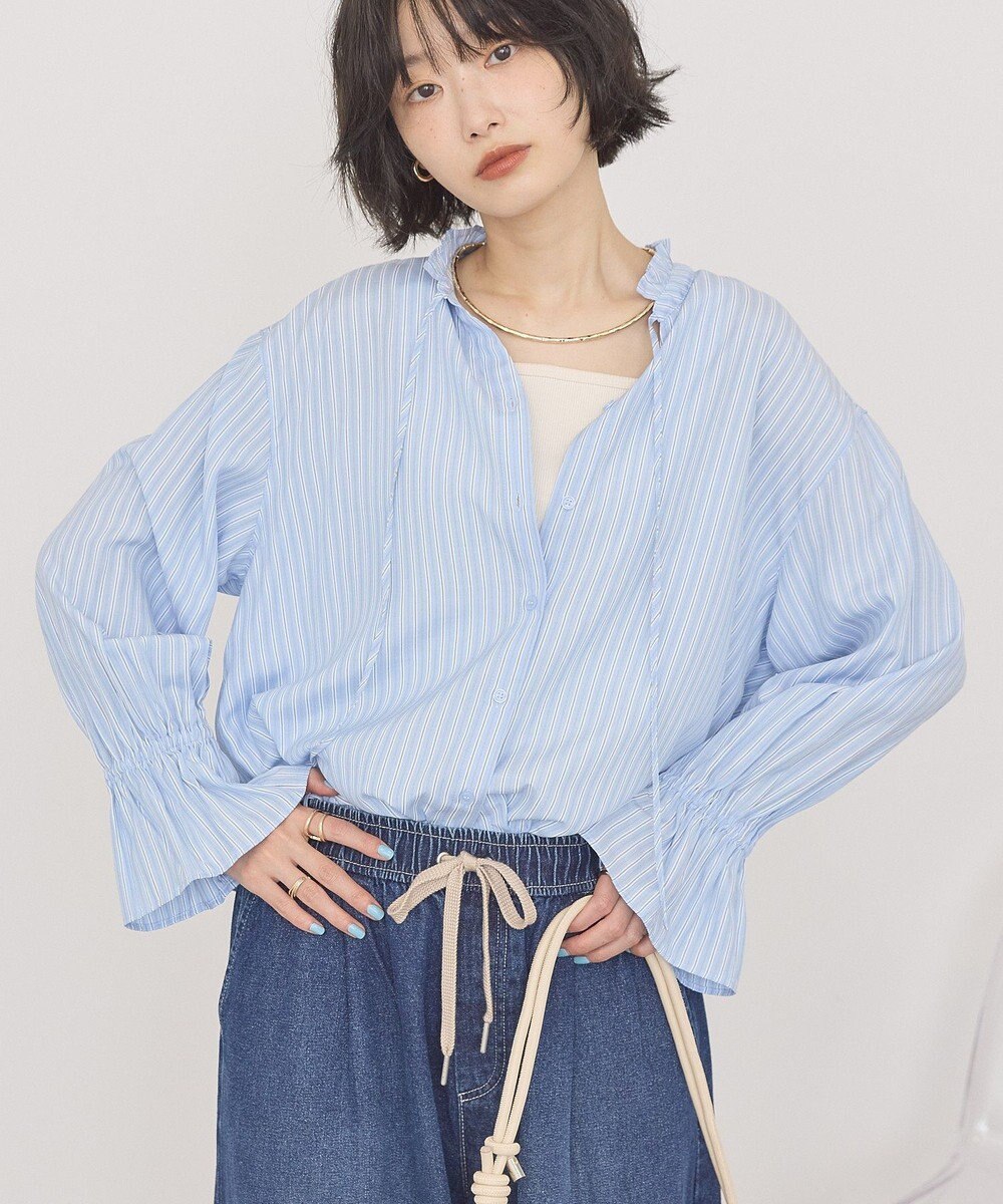 AMERICAN HOLIC スタンドフリルストライプスキッパーブラウス 