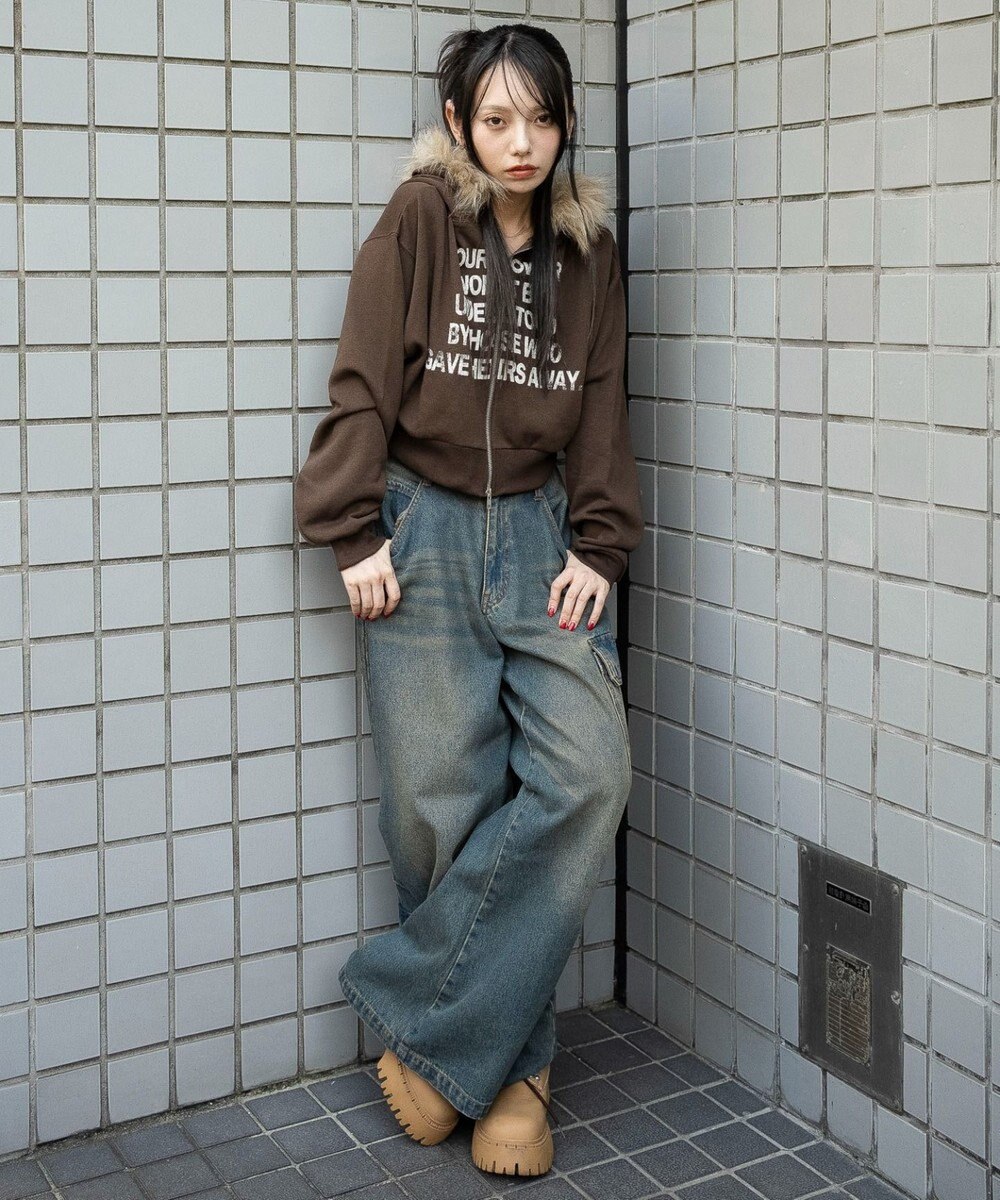 WEGO ファーフードショートZIPパーカー 