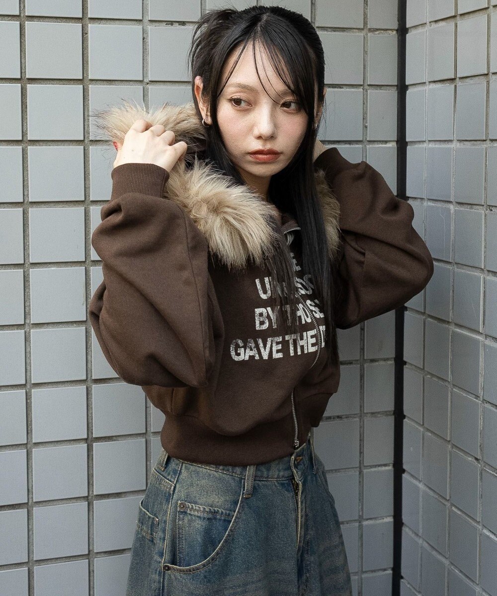 WEGO ファーフードショートZIPパーカー 