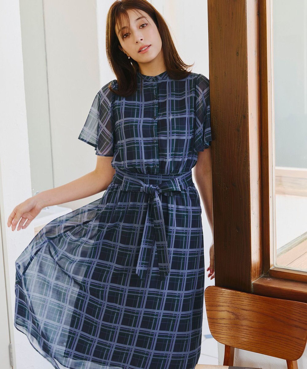 Tiaclasse L 【新色追加・洗える】チェック柄フレア袖シアーワンピース 