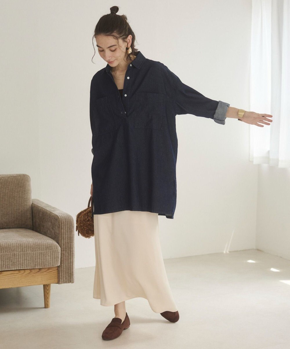 WEGO 【ANGIE VINTAGE】襟が選べる デニム チュニック シャツ （バンドカラー/レギュラーカラー） 