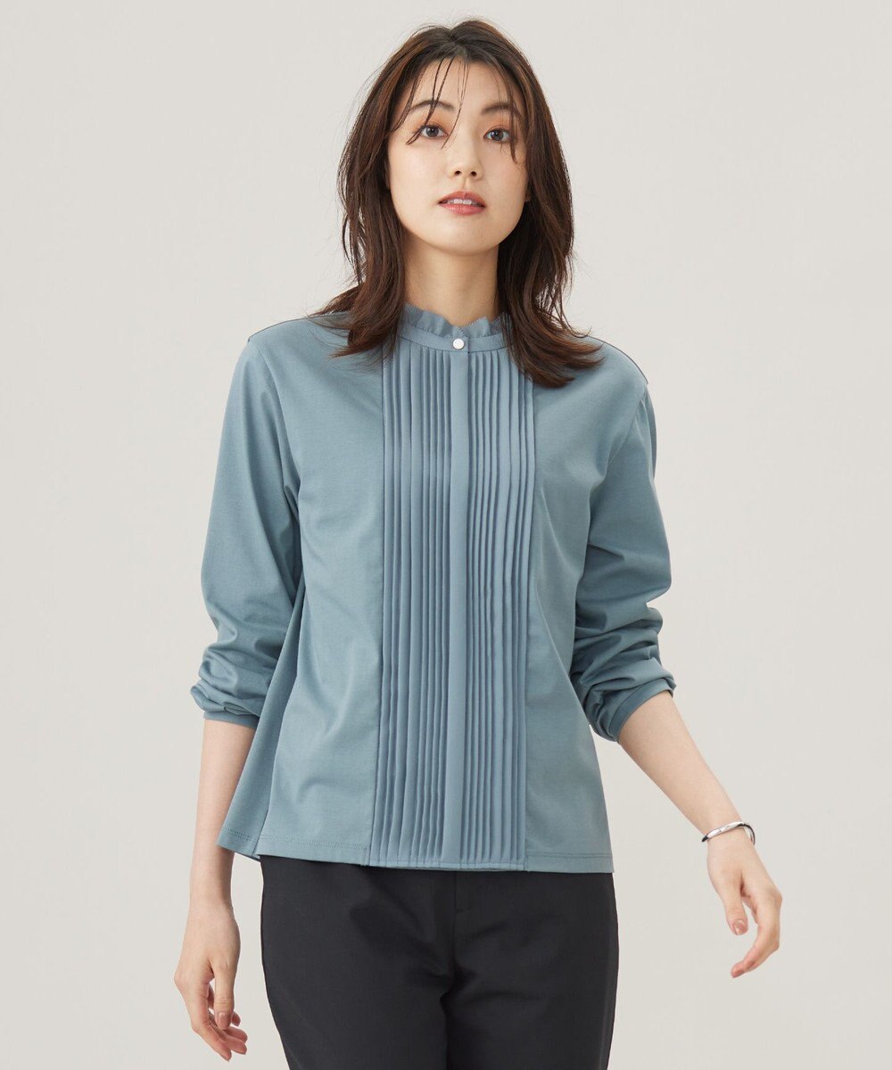 J.PRESS LADIES L プレーティングジャージー フリルネック カットソー 