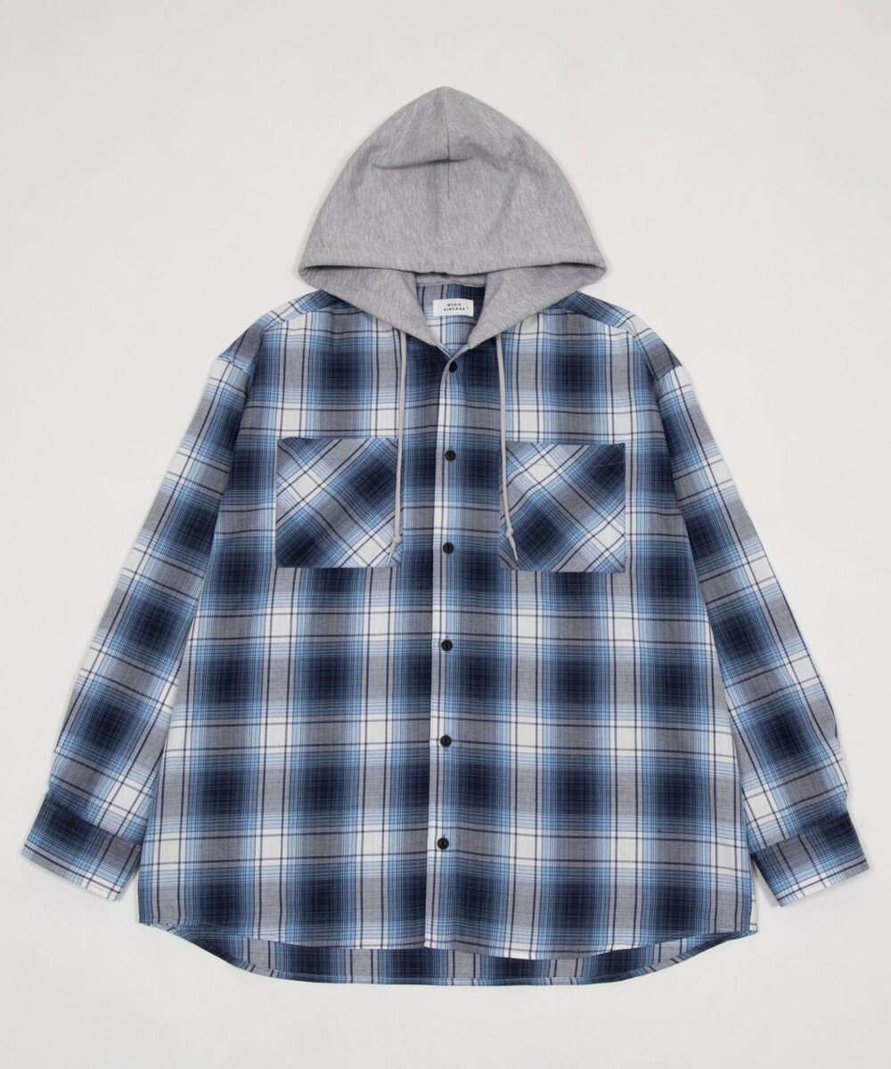 WEGO 【ユニセックス着用ITEM/MLサイズ展開】オンブレチェックフードシャツ（LS） 