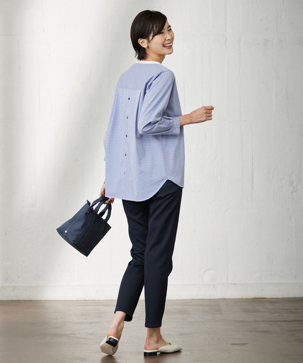 J.PRESS LADIES L ピンストライプジャージー バンドカラー スキッパー カットソー 