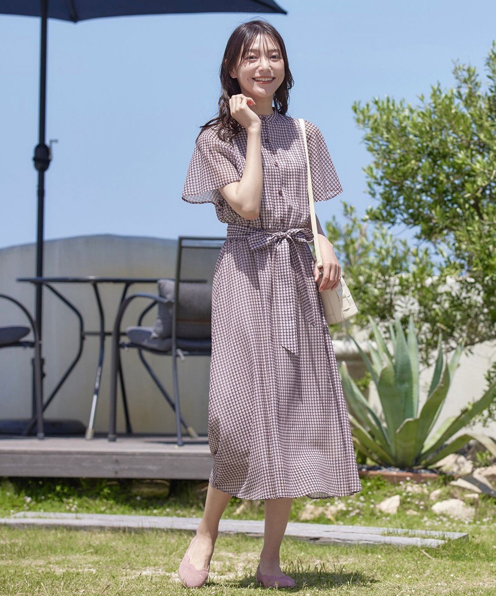 Tiaclasse L 【新色追加・洗える】チェック柄フレア袖シアーワンピース 
