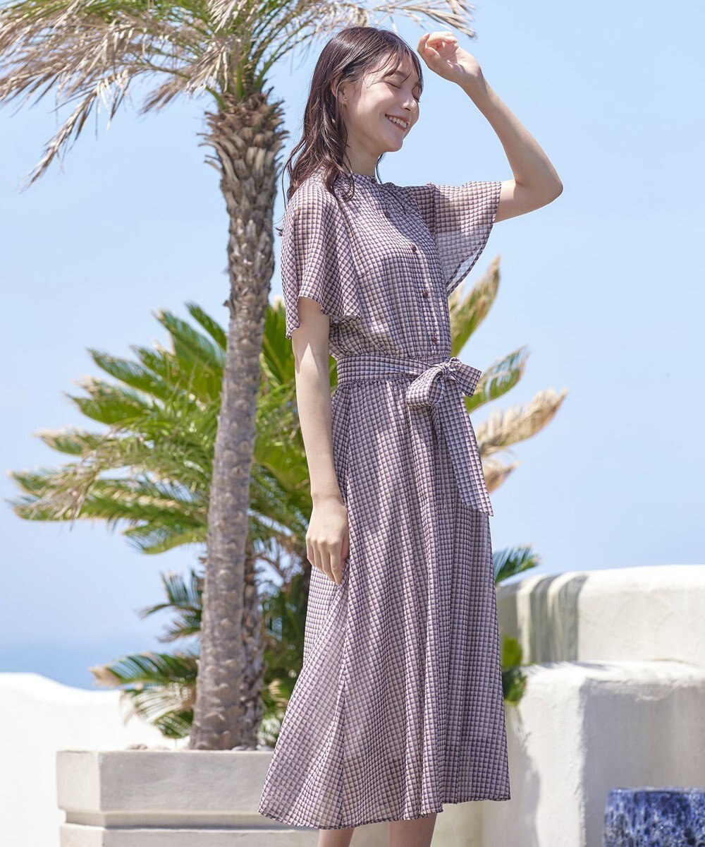 Tiaclasse 【新色追加・洗える】チェック柄フレア袖シアーワンピース 