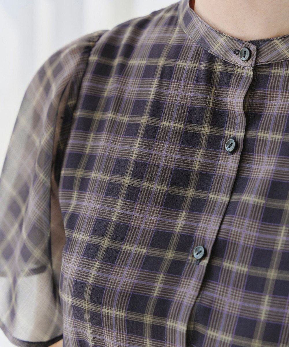 Tiaclasse 【新色追加・洗える】チェック柄フレア袖シアーワンピース 