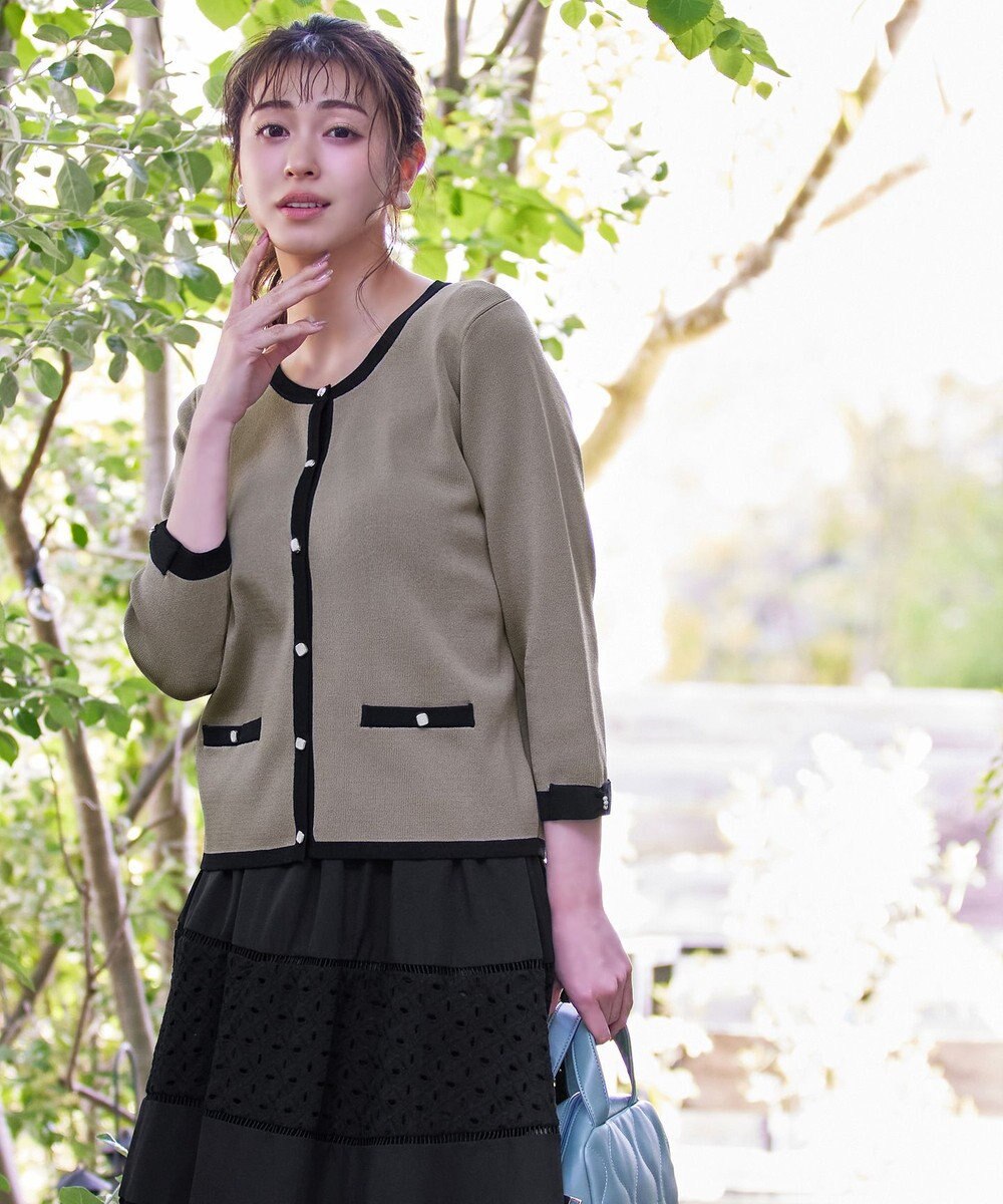 Tiaclasse 【洗える】配色使い総針袖リボンカーデ 