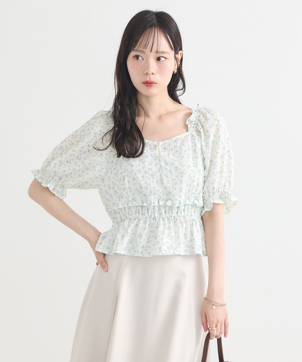 earth music&ecology フラワー刺繍フリルヘムブラウス 