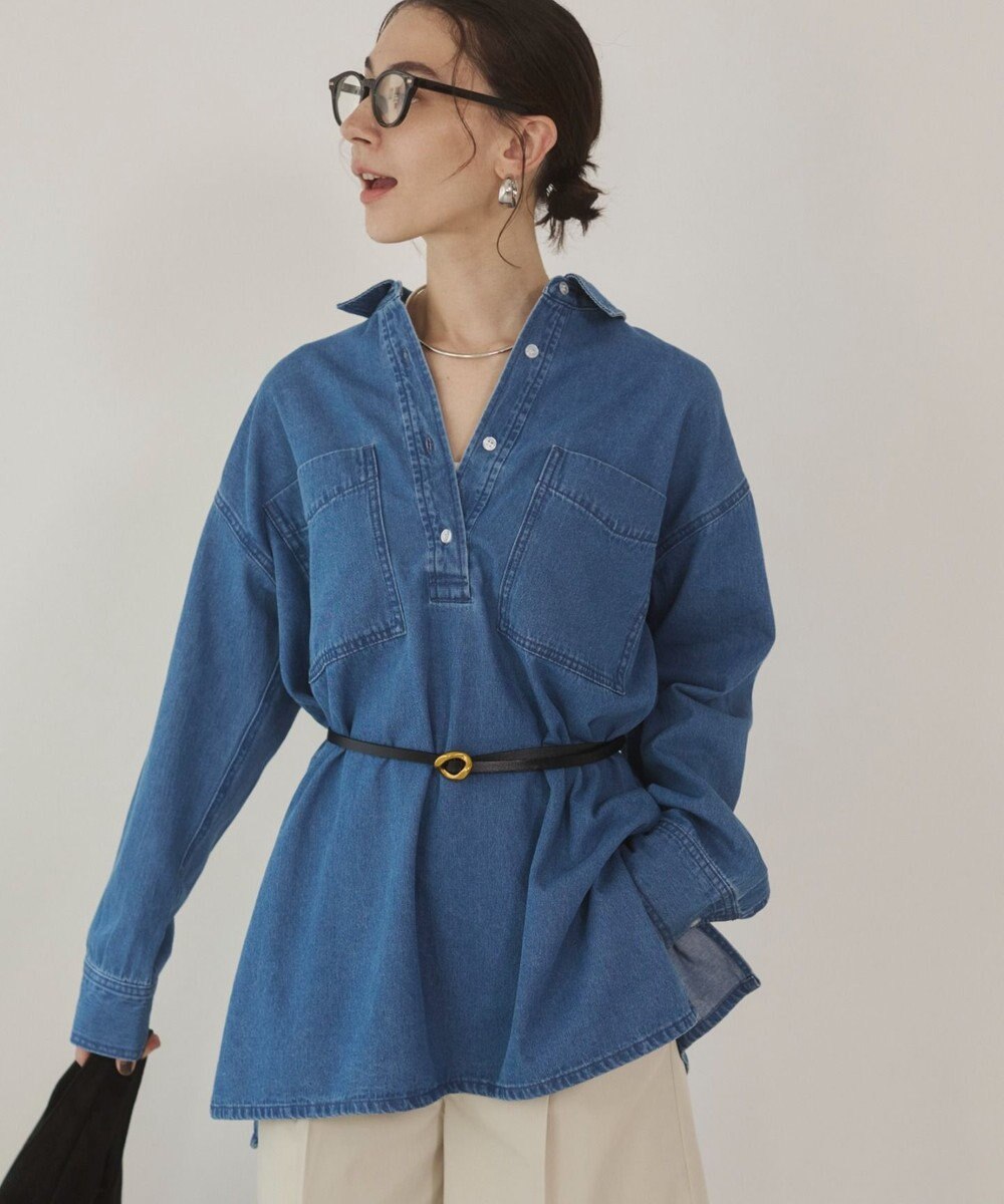 WEGO 【ANGIE VINTAGE】襟が選べる デニム チュニック シャツ （バンドカラー/レギュラーカラー） 