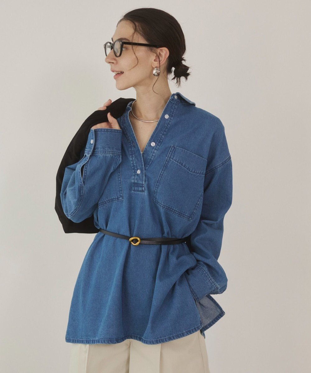 WEGO 【ANGIE VINTAGE】襟が選べる デニム チュニック シャツ （バンドカラー/レギュラーカラー） 