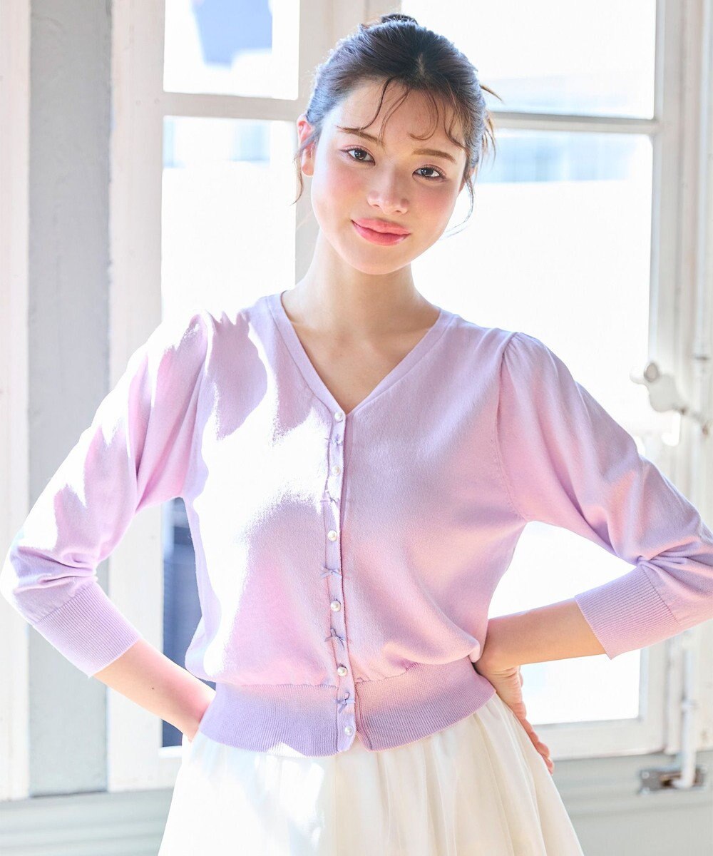 Feroux リボンパール七分袖 カーディガン 