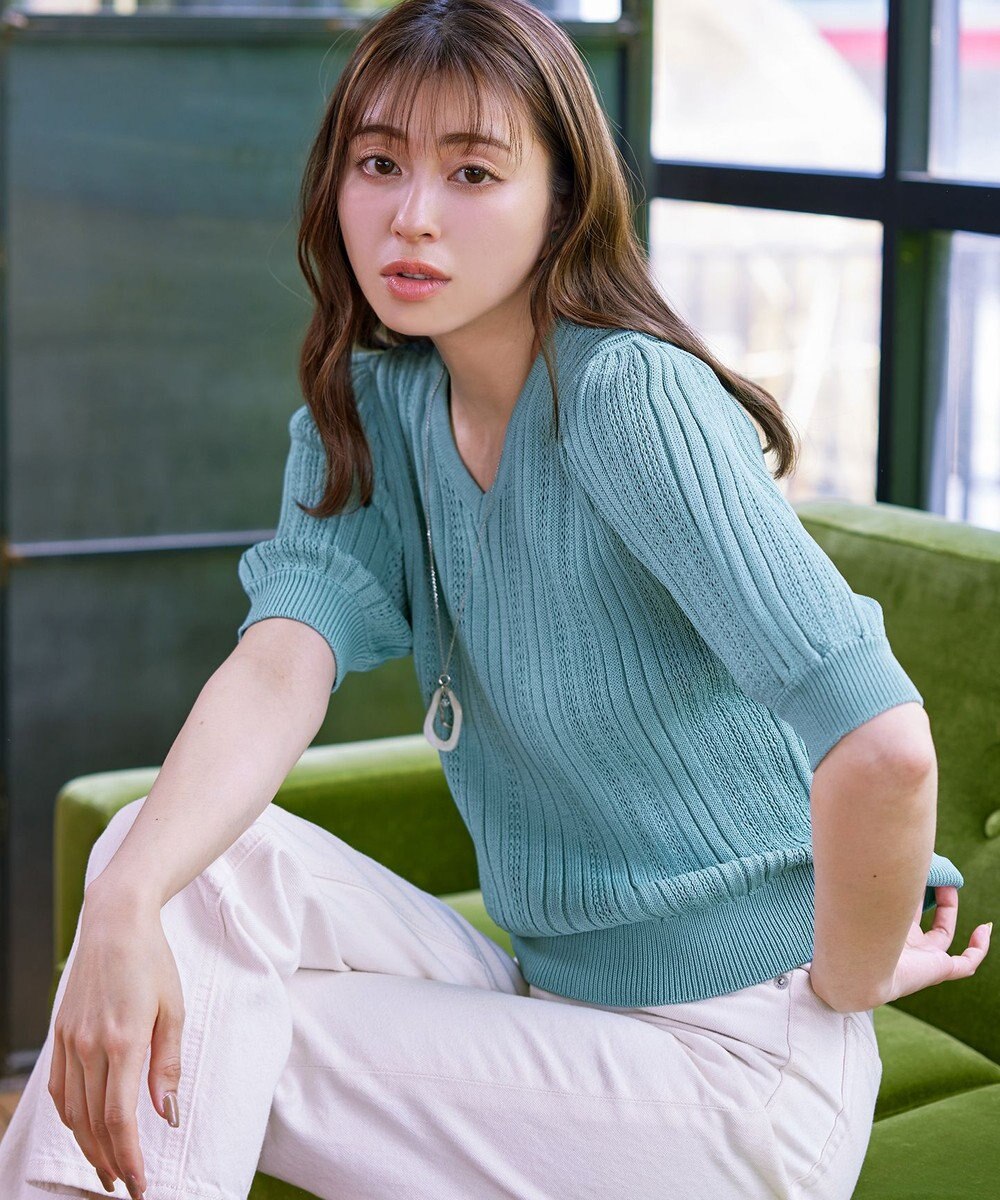 Tiaclasse L 【洗える】パフスリーブ透かし編みニットトップス 