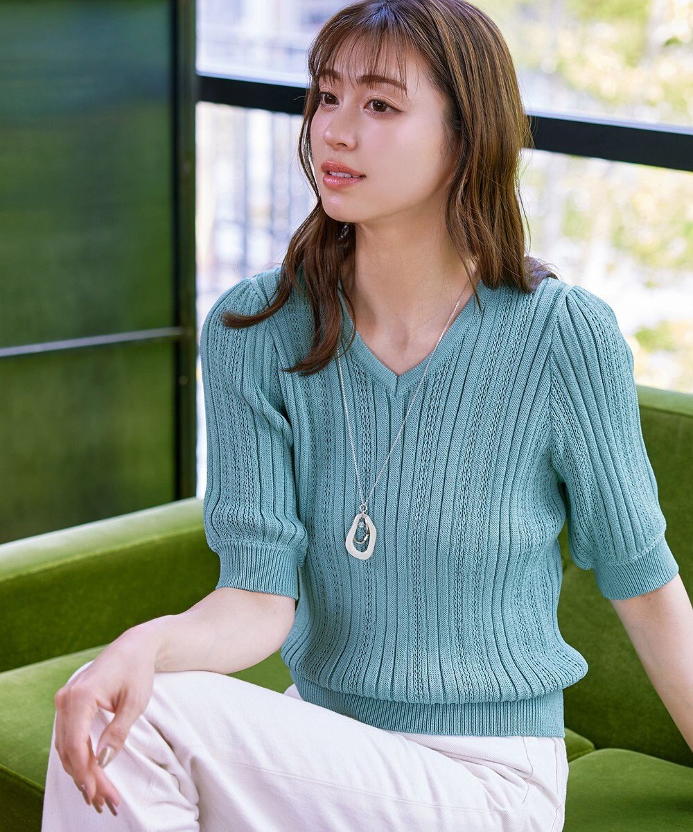 Tiaclasse L 【洗える】パフスリーブ透かし編みニットトップス 