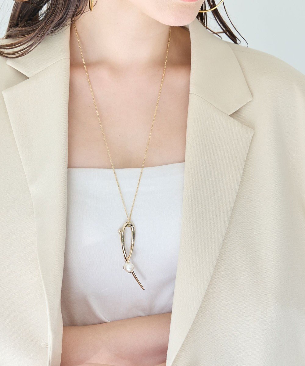 Phoebe 2wayスタイリッシュクロスカーブパールブローチネックレス　ゴールド 