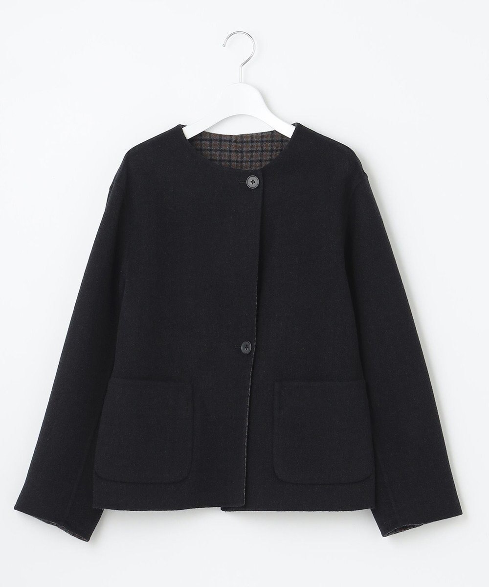 J.PRESS LADIES S 【リバーシブル】ウールナイロン リバーチェック ノーカラー ショートコート 