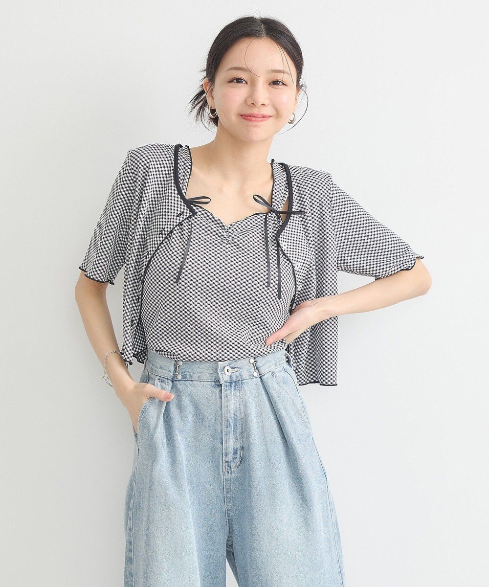 earth music&ecology ＳＥＴ２点ギンガムメロ－カーデ＋リボンタンク 