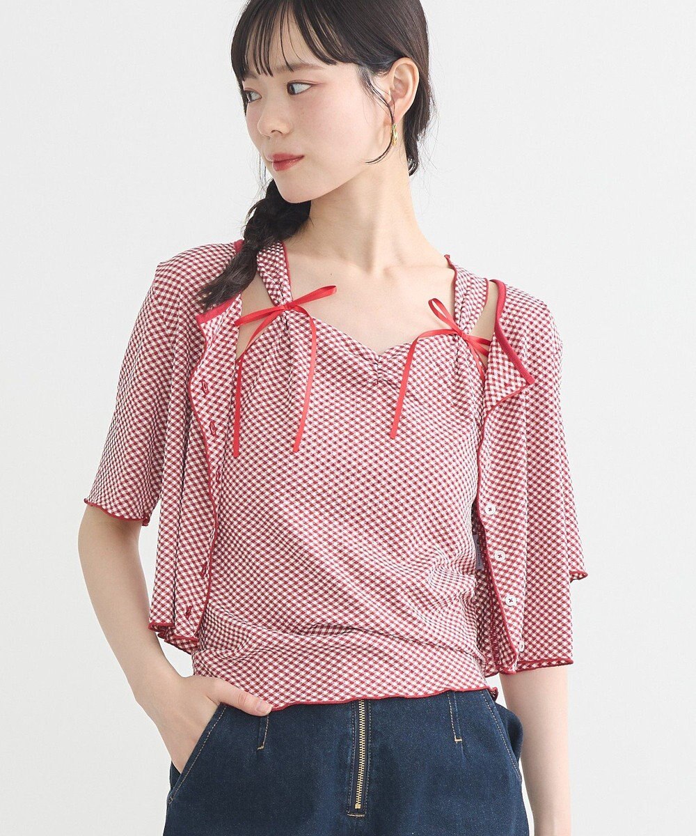earth music&ecology ＳＥＴ２点ギンガムメロ－カーデ＋リボンタンク 