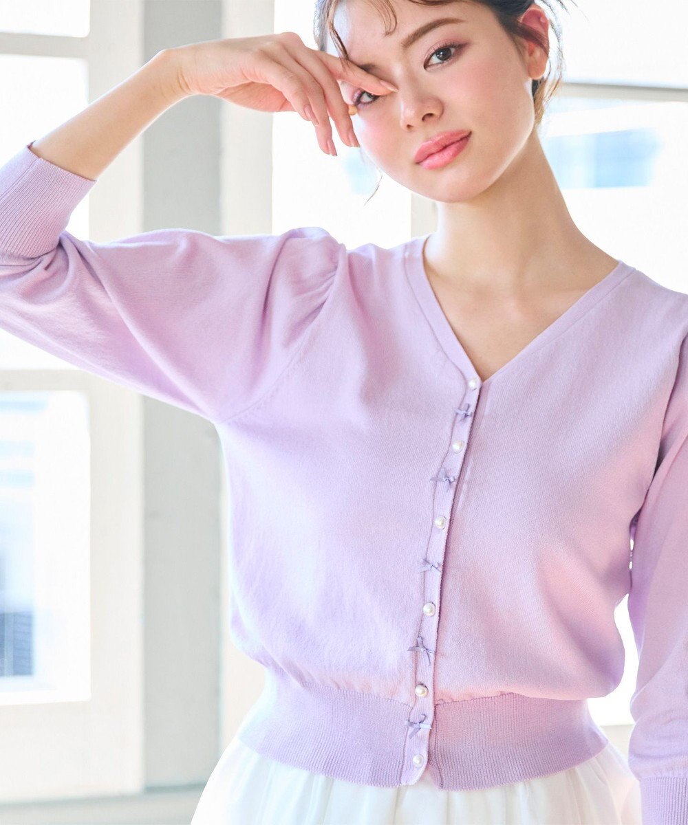 Feroux リボンパール七分袖 カーディガン 